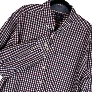 Mason James Mens XL Stretch Gingham Button Down Shirt Burgundy Navy Long Sleeve